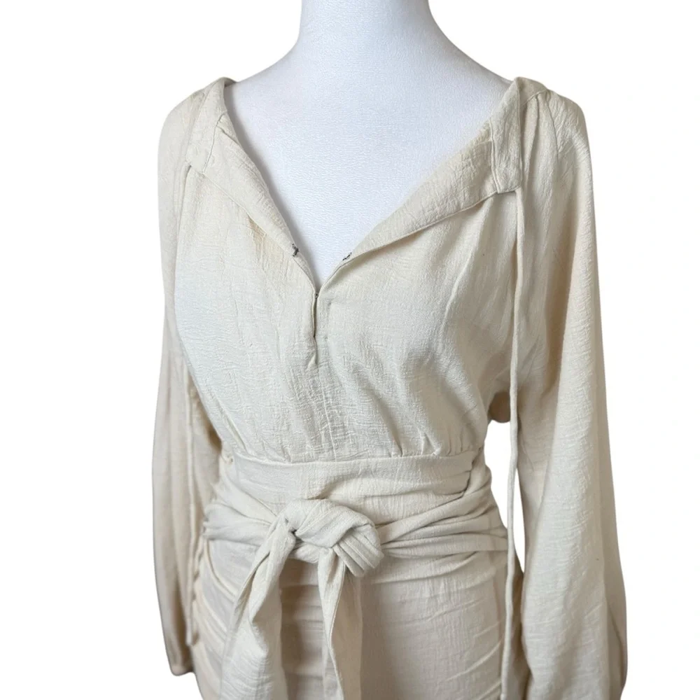 Free People Mini Dress XS Cream Gauzy‎ Boho Peasant Ruched Buttons Neutral NWT